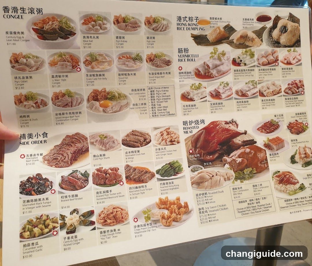 A printed menu featuring various dishes including congee, rice rolls, and roasted meats with prices listed in HKD.