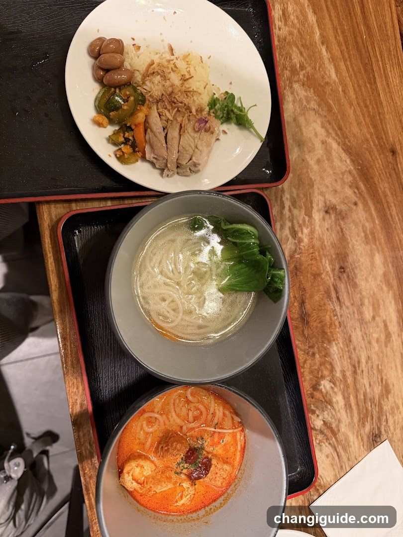 A top-down view of a meal on wooden trays, featuring two bowls of ramen—one with clear broth and bok choy, the other with red curry sauce—and a side plate containing sliced chicken, pickled vegetables, and fried onions.