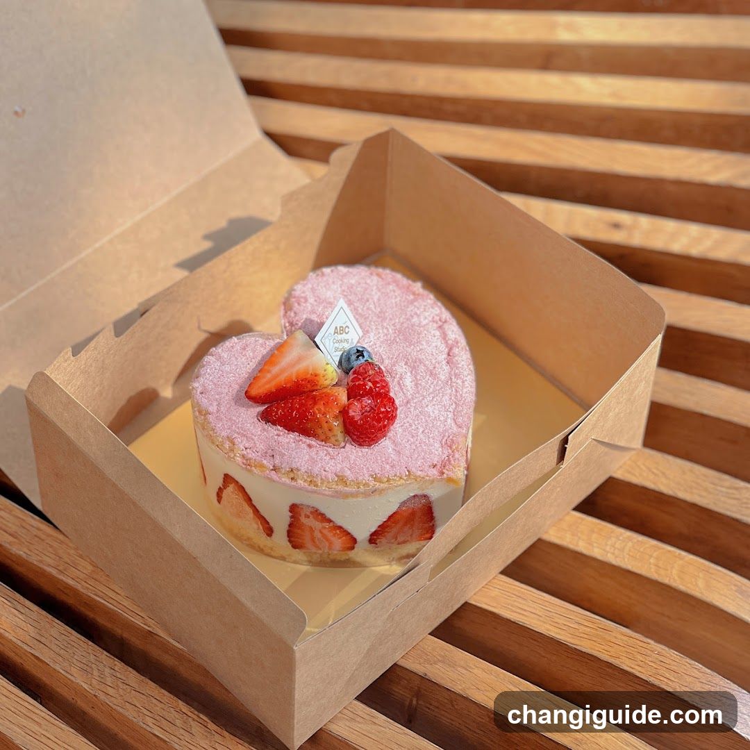 Heart-shaped strawberry cake in box
