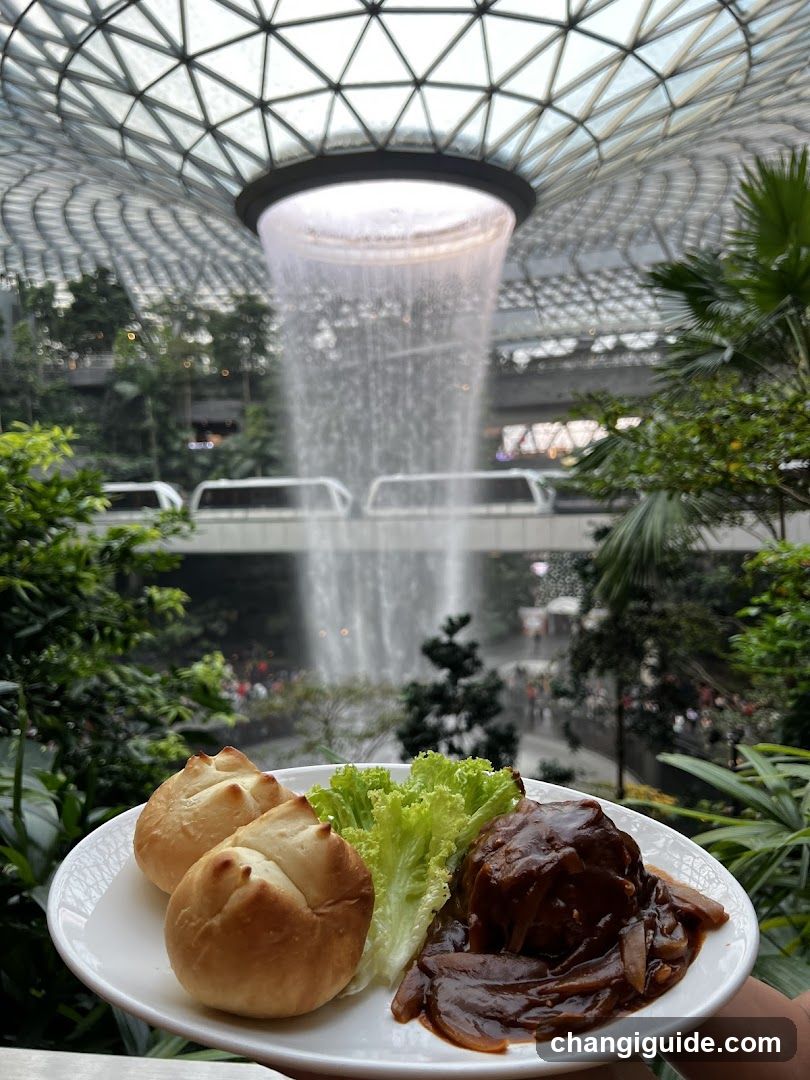 Food with indoor waterfall backdrop