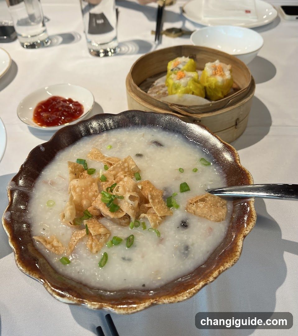 Congee with toppings and dim sum