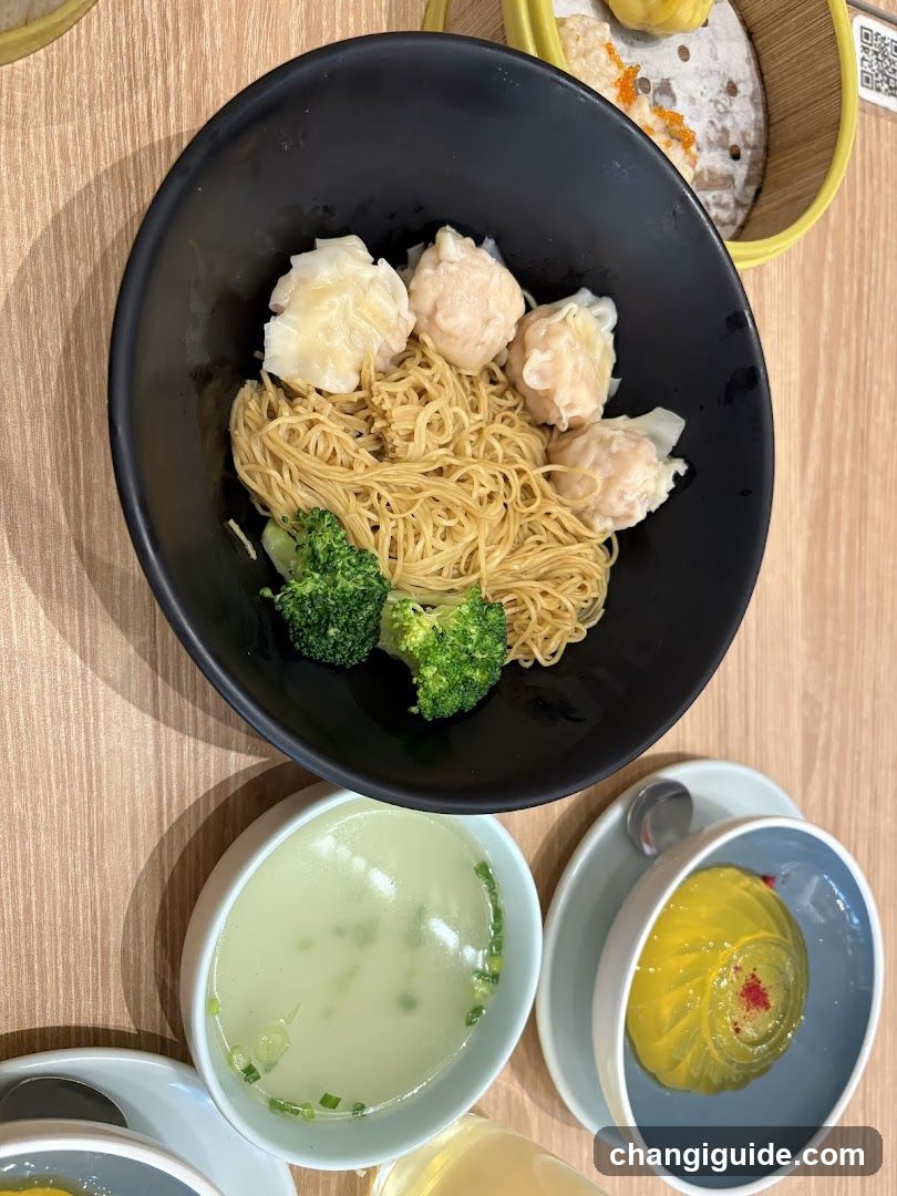 Noodle Bowl with Dumplings and Broccoli