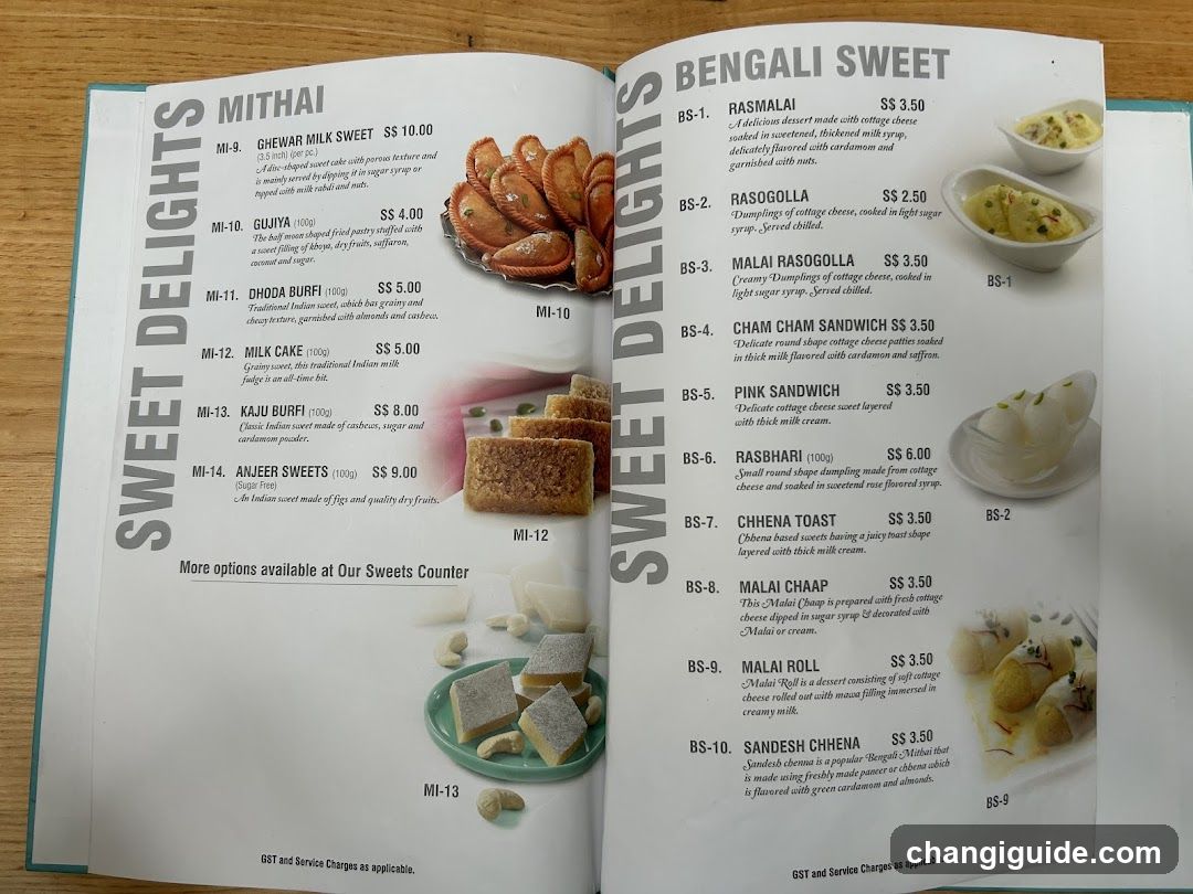 Open menu displaying Mithai and Bengali Sweet items with prices, featuring photos of desserts like Guliyati, Chhena Burfi, and Rasogolla.