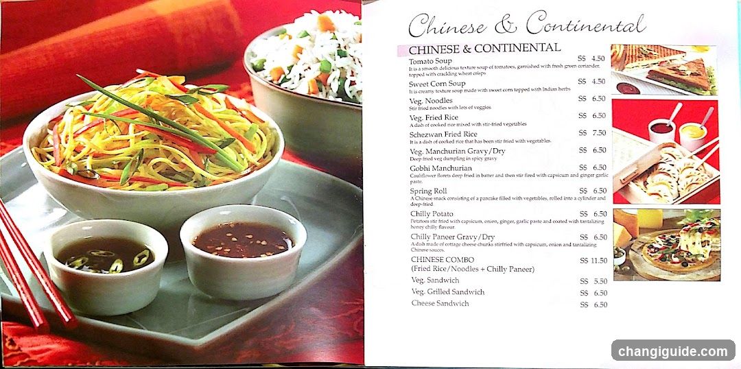 A printed menu page featuring Chinese and Continental dishes with prices, including Tomato Soup, Veg Noodles, Fried Rice, Manchurian items, Spring Roll, Chilly Potato, Paneer Gravy, CHINESE COMBO (Fried Rice/Noodles + Chilly Paneer), Veg Sandwich, Grilled Sandwich, Cheese Sandwich.