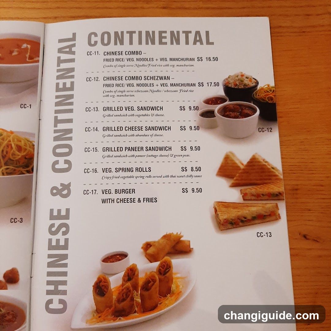 A printed menu page featuring a list of food items under the 'CONTINENTAL' section, including Chinese combos and sandwiches.