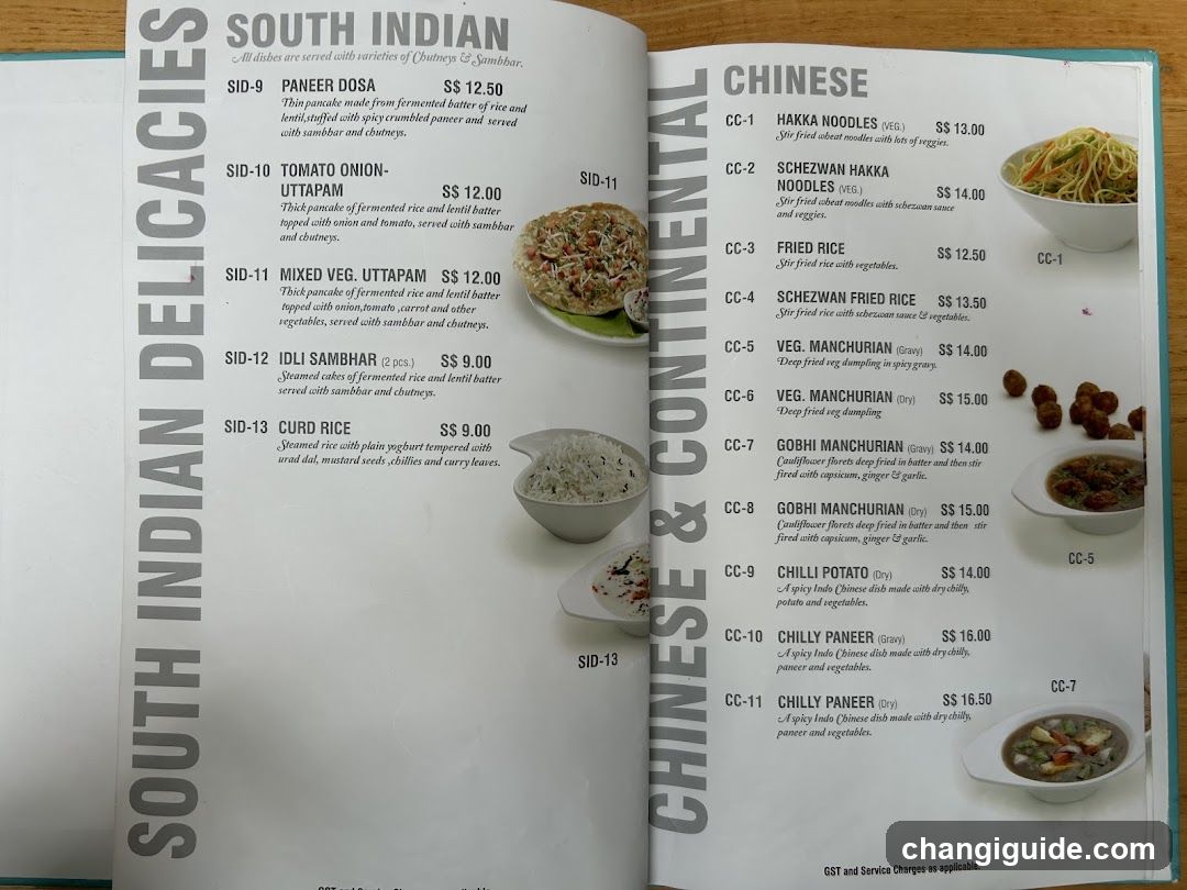 A two-page menu featuring South Indian and Chinese dishes with prices in SGD.