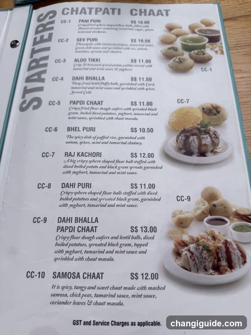 A printed menu page featuring a list of Indian street food items, primarily chaats and puris.