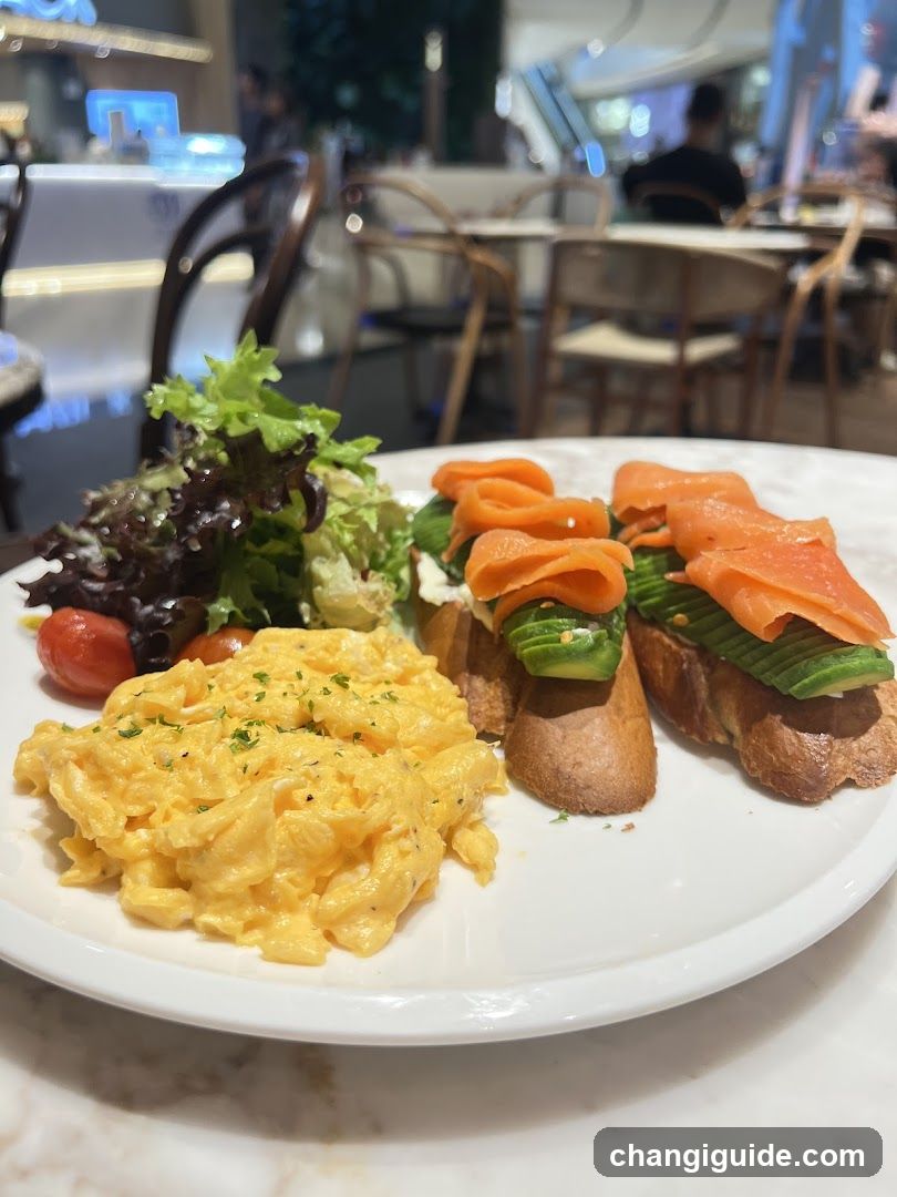 Breakfast Plate with Scrambled Eggs and Smoked Salmon Toast