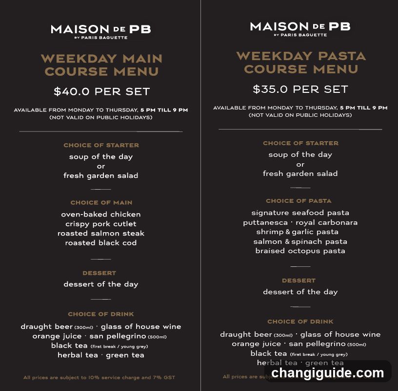 A printed menu board displaying weekday course menus for Maison de PB by Paris Baguette, featuring soup of the day or fresh garden salad as starter, choice of main (chicken, pork cutlet, salmon steak, black cod), dessert of the day, and choice of drink (beer, wine, juice, tea). Prices are $40.0 per set for main course and $35.0 per set for pasta course.