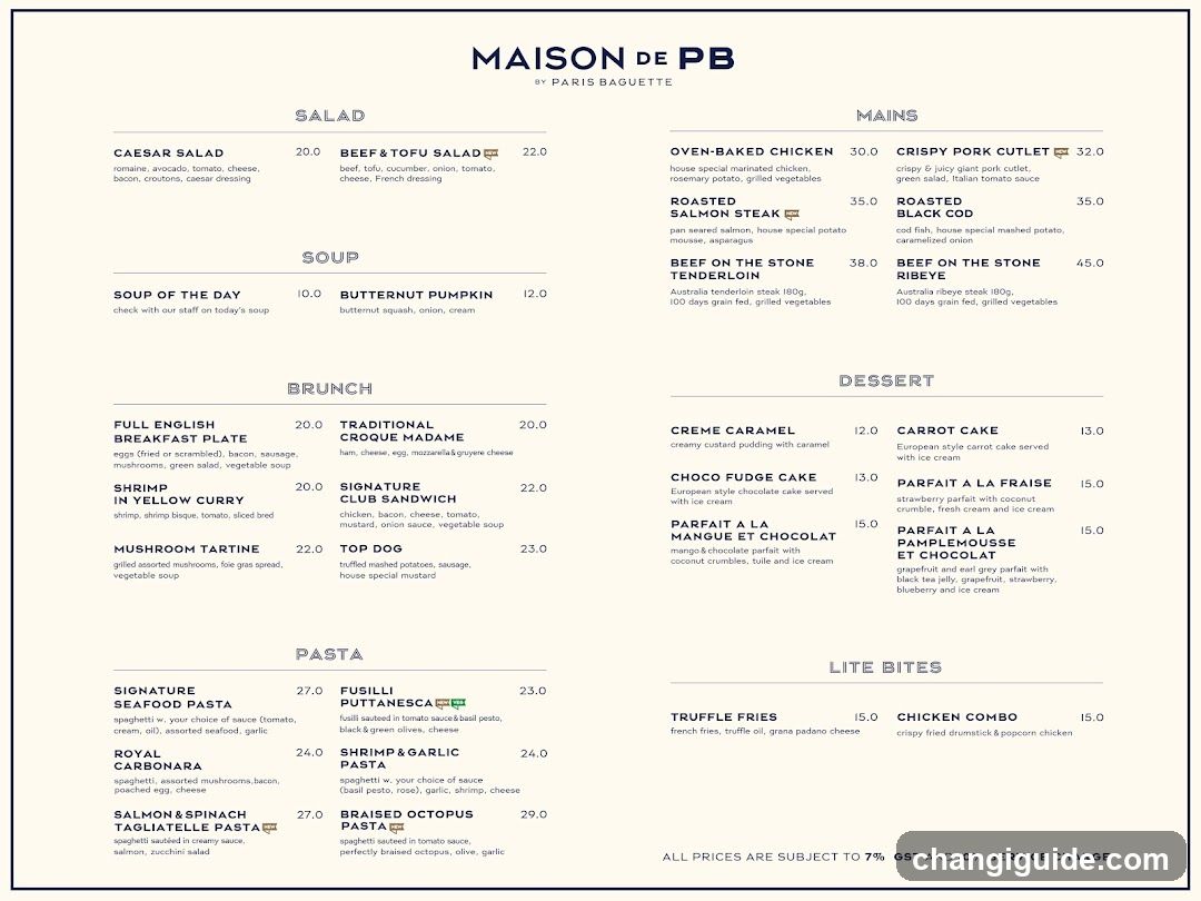 A printed menu board displaying a variety of food items categorized into Salad, Soup, Brunch, Mains, Pasta, Dessert, and Lite Bites with prices.