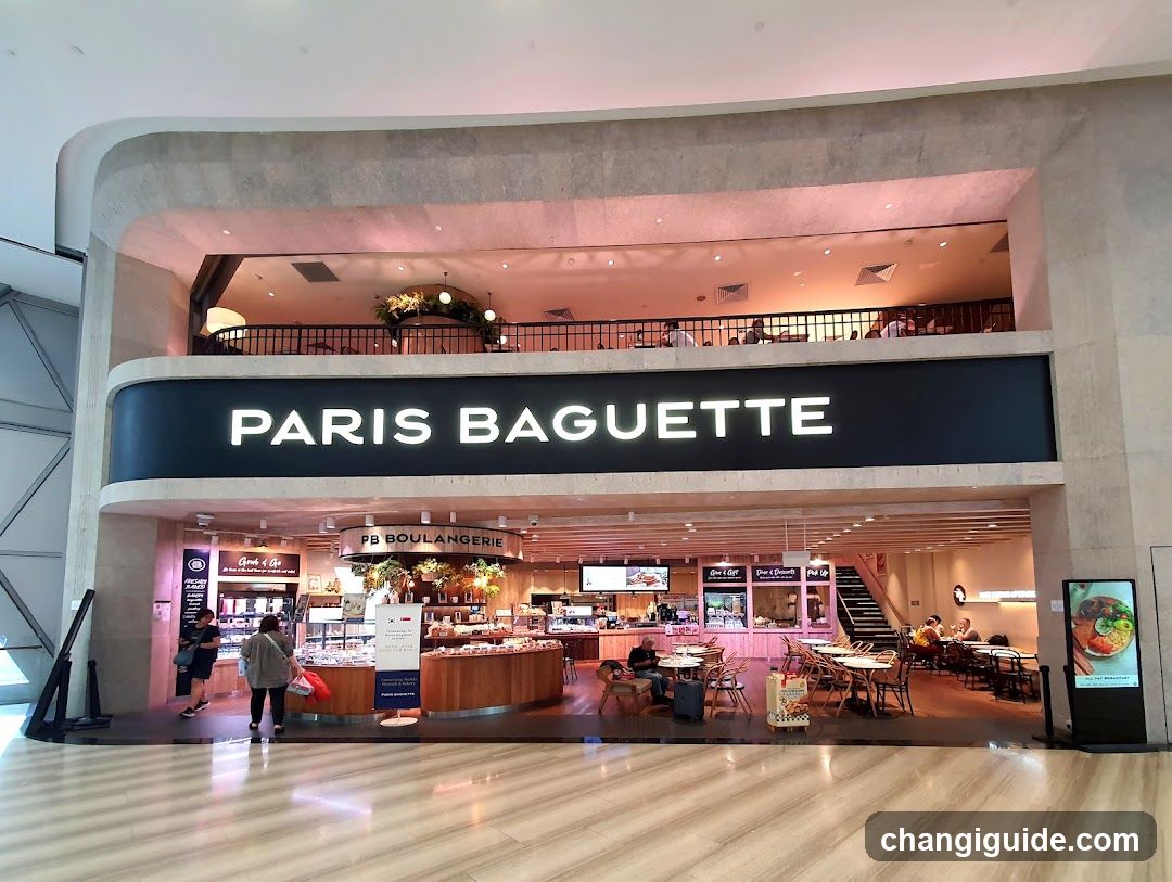 A two-story Paris Baguette storefront with illuminated signage reading 'PARIS BAGUETTE' on the facade. The ground floor features a bakery display case, seating area, and staff visible behind counters. A digital menu board is mounted to the right of the entrance.