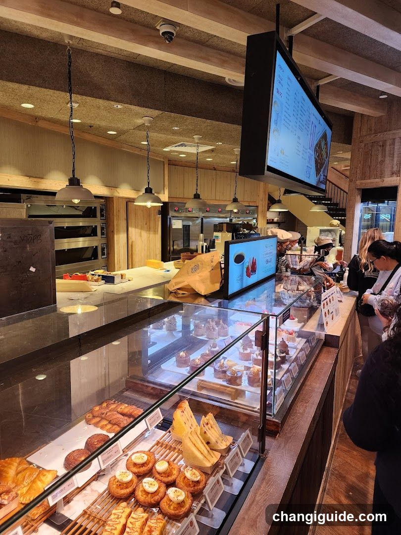 Interior view of a bakery or café showing glass display cases filled with pastries, breads, and cakes. A digital menu board is mounted above the counter. Customers are visible in line at the service area. The space features wooden beams and industrial-style lighting.