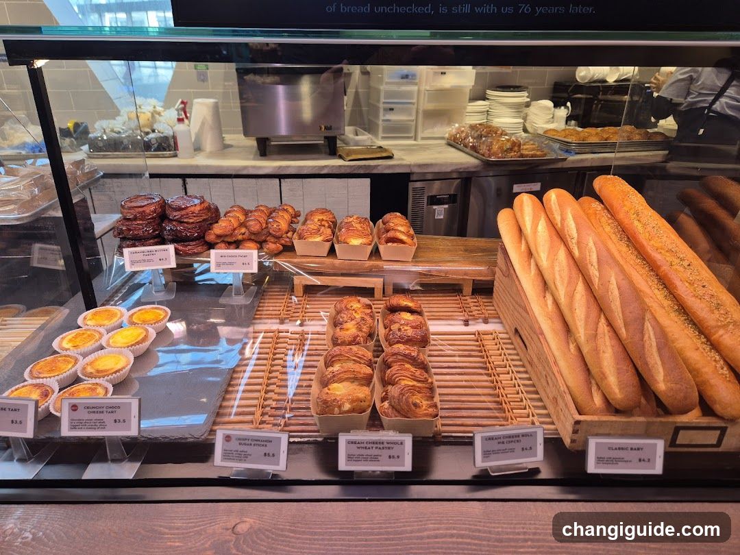 A bakery display case showcasing various baked goods including baguettes, croissants, danishes, and pastries with price tags.