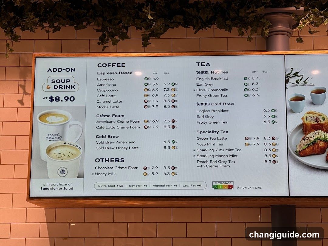 Digital menu board displaying coffee, tea, and add-on items with prices.