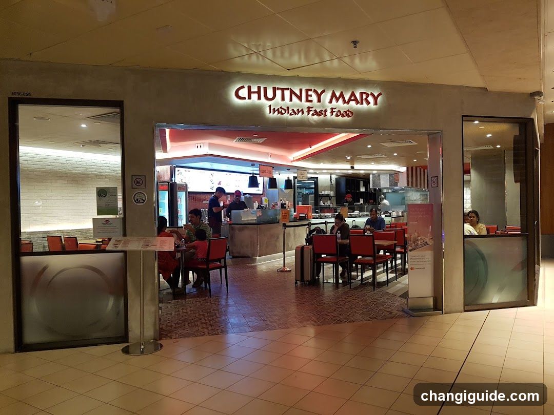 The image shows the storefront of Chutney Mary, an Indian fast food restaurant. The sign above the entrance reads 'CHUTNEY MARY' with 'Indian Fast Food' written below it in smaller letters. Inside, there are tables and chairs where customers can dine. Staff members are visible behind the counter preparing food. There is a menu board on display near the entrance.