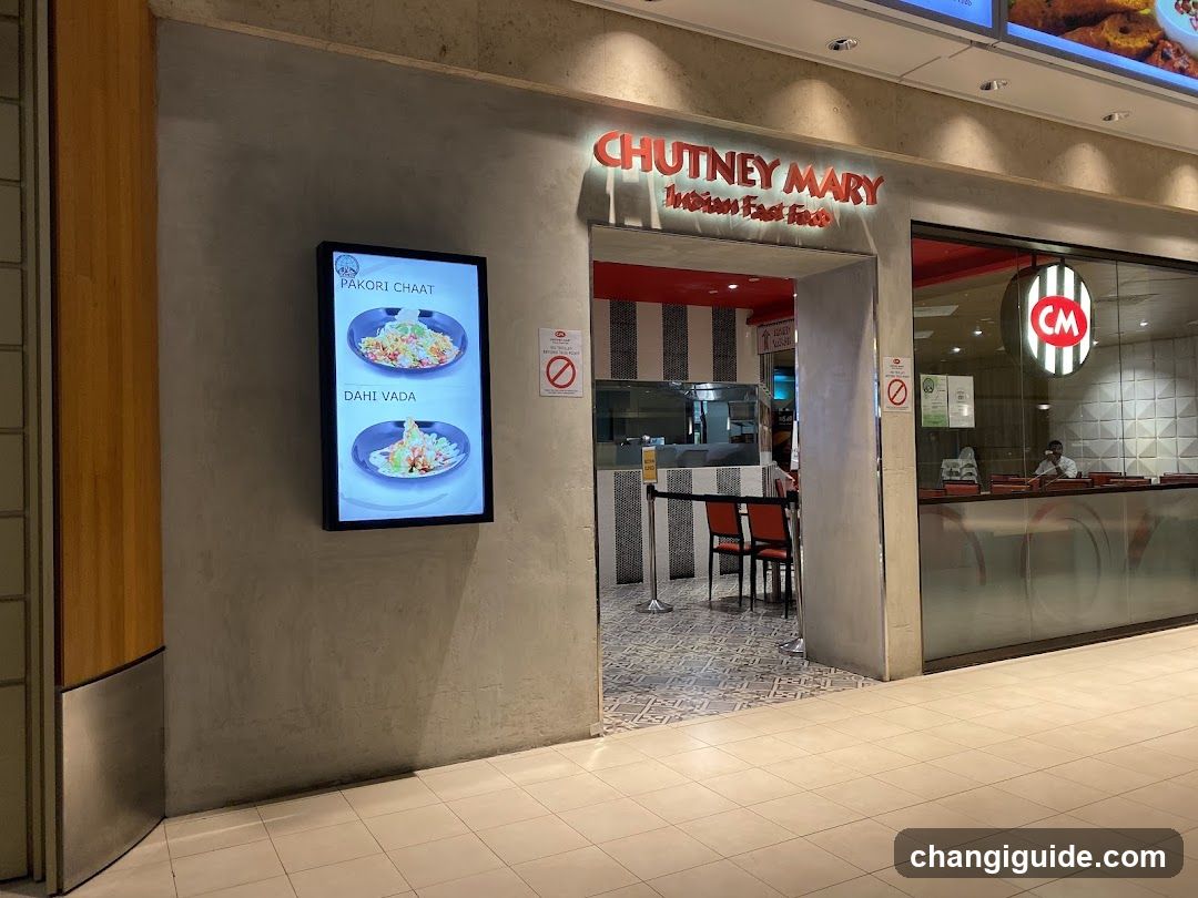 A storefront of Chutney Mary, an Indian fast food restaurant with visible signage above the entrance and a digital menu board displaying items like Pakori Chaat and Dahi Vada.