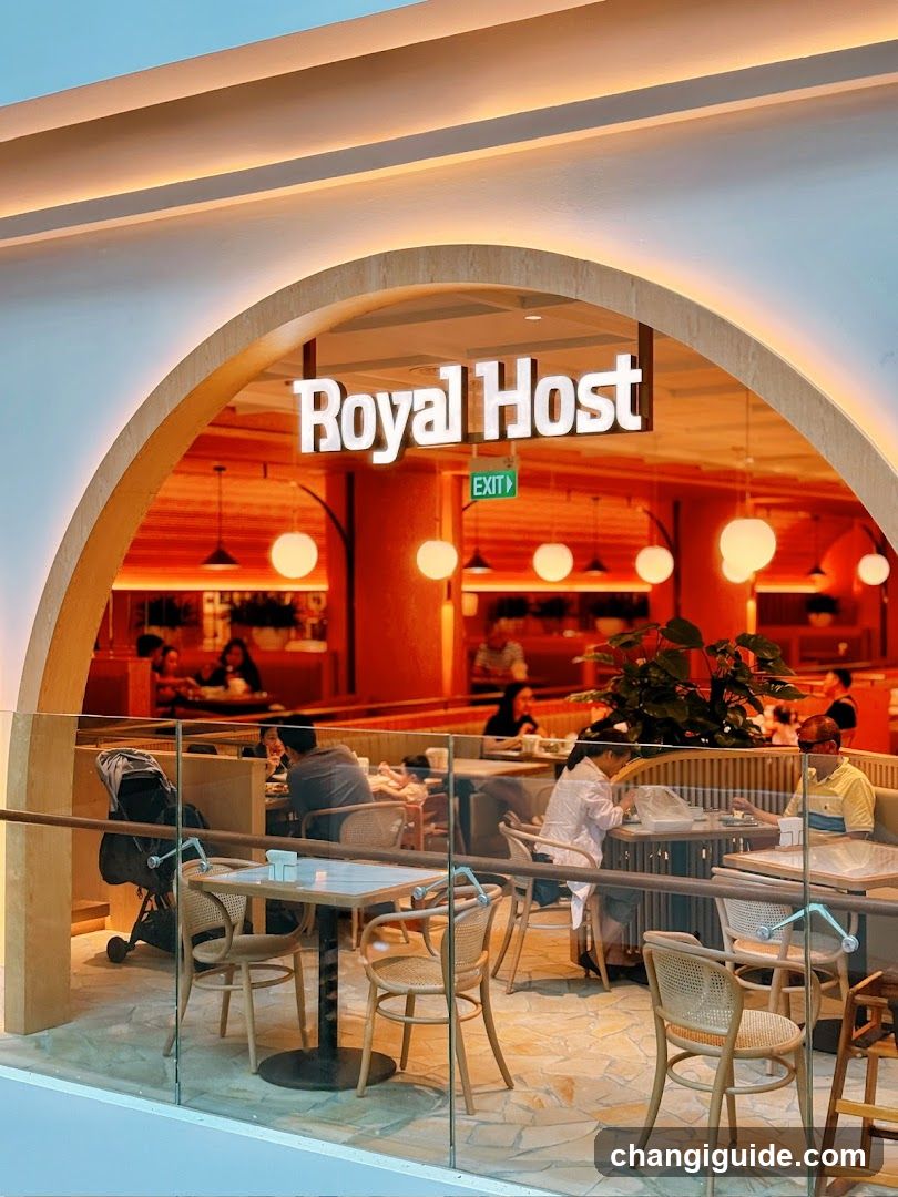 A photo of the physical storefront facade featuring a large arched entrance with illuminated signage reading 'Royal Host'. Inside, warm lighting and wooden decor create an inviting atmosphere. Patrons are seated at tables, some dining while others converse. A glass railing separates the foreground from the seating area.
