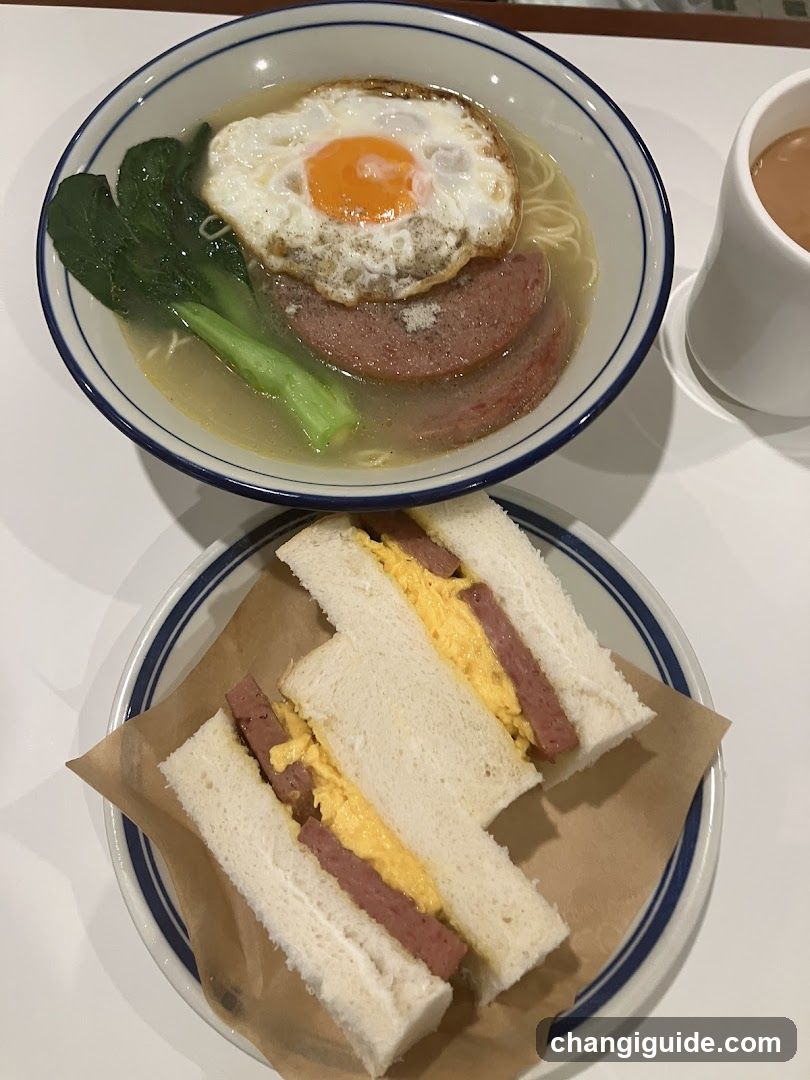 Breakfast Meal with Noodles and Sandwiches