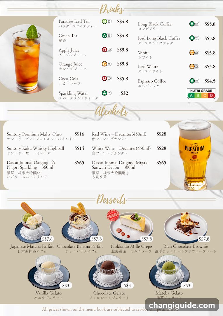 Drinks, Alcohols, Desserts Menu