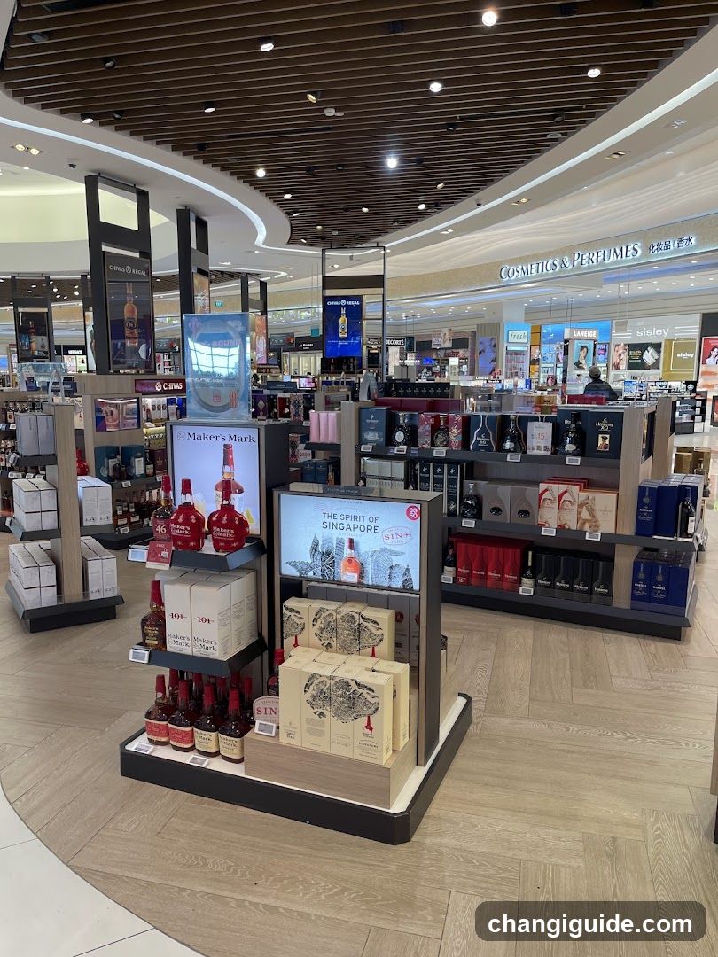 Interior of a retail store with alcohol and cosmetics sections