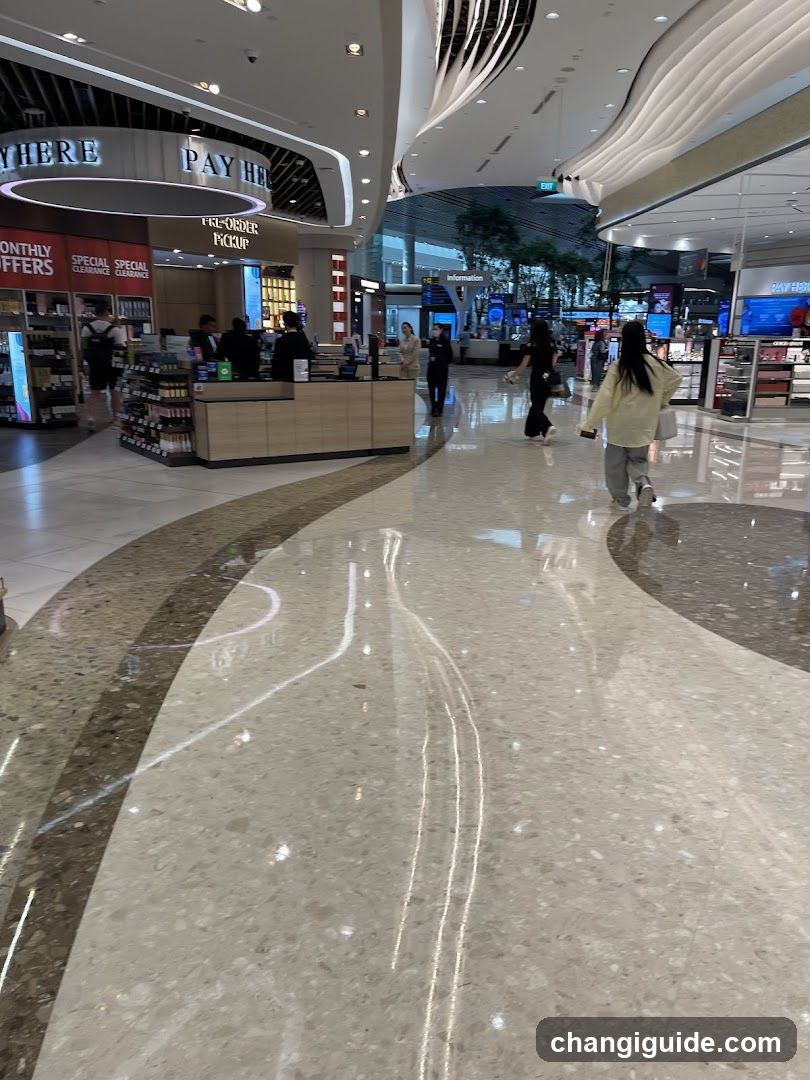 A spacious, well-lit interior of a shopping mall or department store with polished marble flooring and curved architectural elements. Visible shops include 'PAY HERE' and 'SPECIAL OFFERS', with customers browsing near counters.