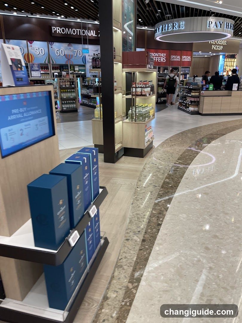 Interior view of a duty-free shop with polished marble flooring and wooden display units. Blue product boxes are stacked on the left, while shelves in the background hold various goods under promotional signage. A digital screen displays pre-buy information. Staff members are visible near checkout counters labeled 'Pay Here' and 'Free Order Pickup'.