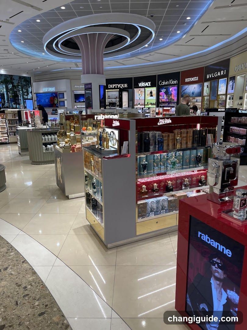Interior view of a high-end perfume counter featuring brands like Rabanne, Calvin Klein, and Hermès. Shelves display various fragrance bottles with illuminated displays. A digital screen shows promotional content. The setting includes modern lighting and polished flooring.