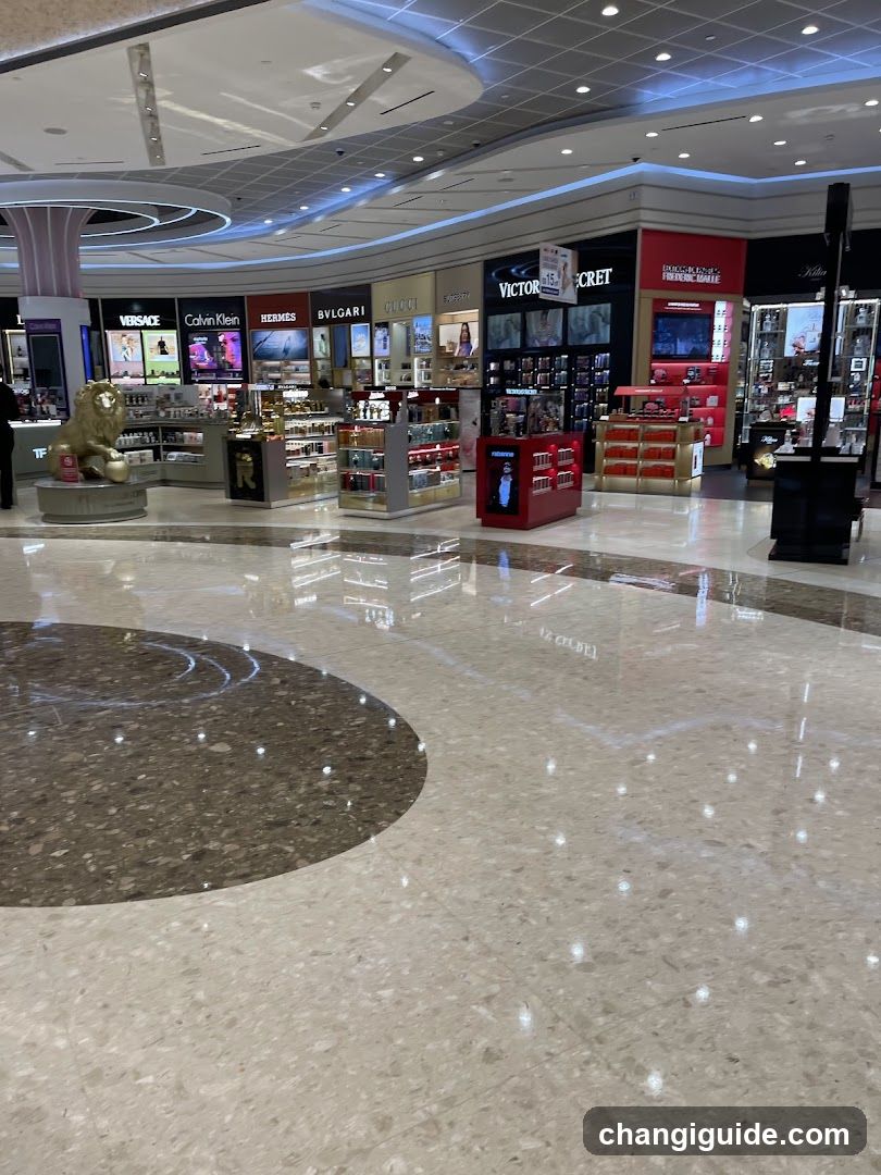 Interior view of a duty-free shopping area with polished marble flooring and multiple brand counters including Versace, Calvin Klein, Hermes, Bulgari, Victoria's Secret, and Dior. A golden lion statue is visible on the left side.