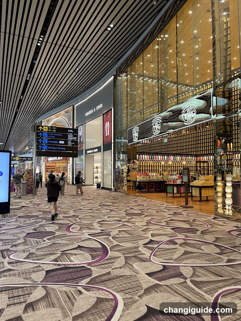 A wide-angle view of a modern airport terminal hallway with patterned carpeting and directional signage overhead. On the right, a glass-fronted shop displays traditional-style merchandise including colorful textiles and lanterns. A digital information board lists gate directions and dining options. Several travelers are walking through the space.