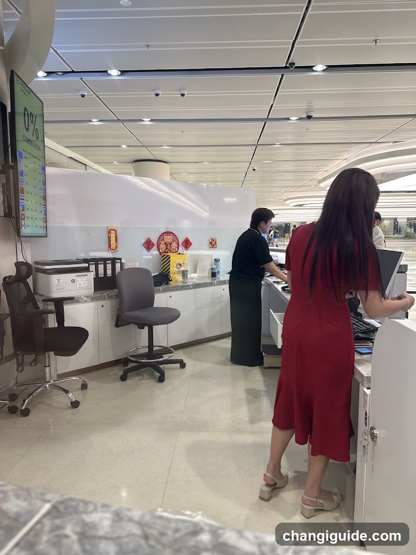 The image shows the interior of a brightly lit, modern space with white walls and ceiling. A woman in a red dress stands at a counter on the right, interacting with another person behind the desk. On the left side, there is an office setup including a computer monitor displaying stock market data (0% change), a printer, and two office chairs. The background features decorative elements like red Chinese New Year-style ornaments hanging on the wall. The floor is tiled, and the overall ambiance suggests a professional environment such as a bank branch, trading floor, or corporate lobby.