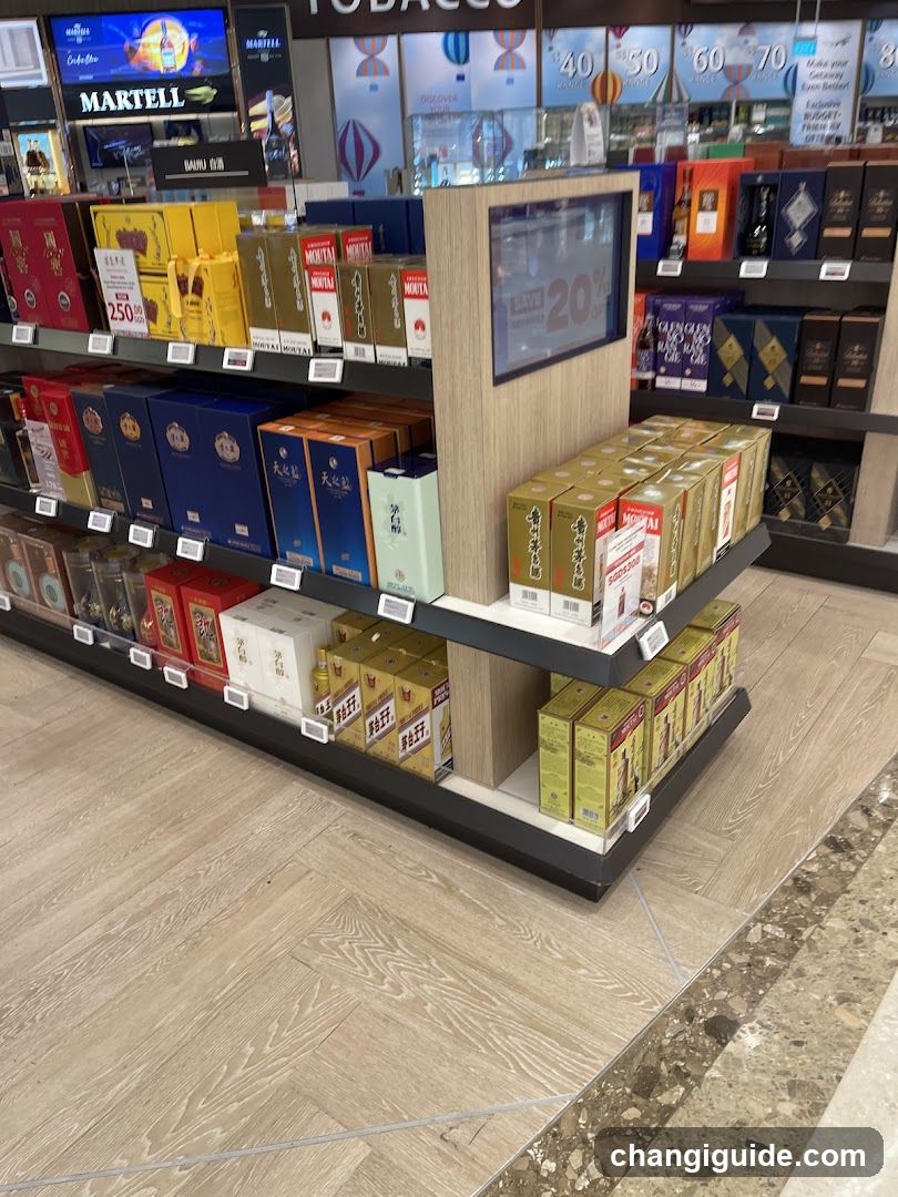 Interior shot of a retail shelf displaying various liquor bottles, including Martell Cognac, with promotional signage indicating discounts. Shelves are stocked with colorful packaging, some labeled '250ml' or '70%'. A digital screen shows a 20% discount offer. Background includes additional product displays and glass windows.