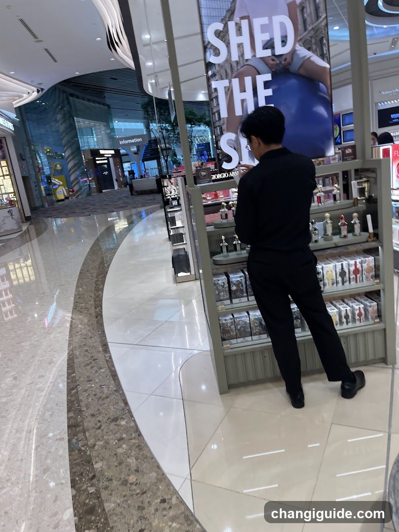 A person in black clothing stands near a display shelf inside a brightly lit shopping mall. The floor is polished tile with curved patterns. In the background, there are glass storefronts and an information desk sign visible.