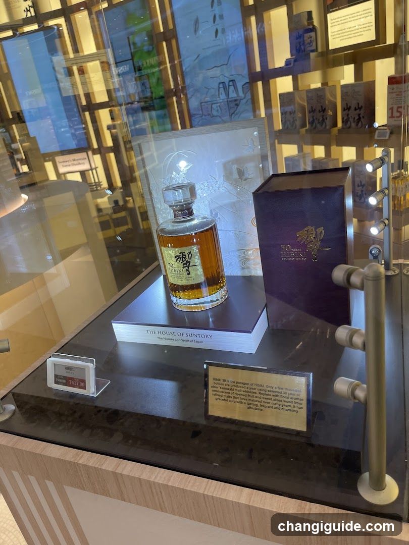 A glass display case showcasing a bottle of Suntory whisky with its accompanying box, labeled 'The House of Suntory', alongside informational plaques.