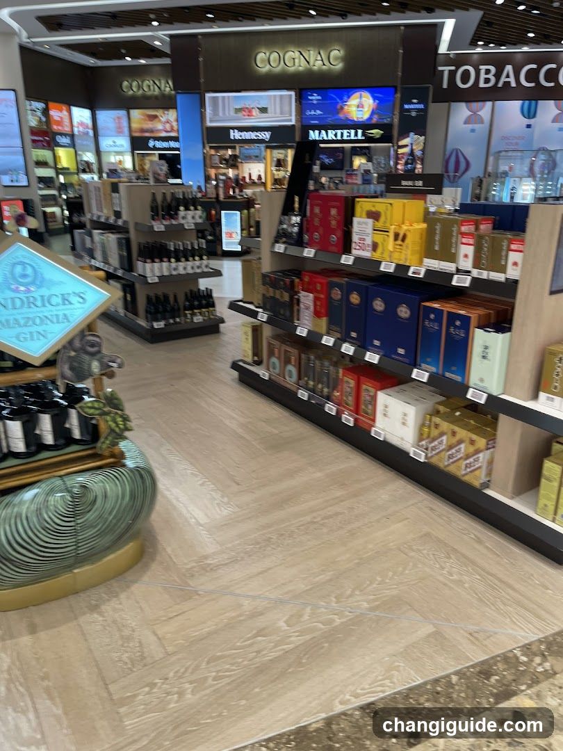 Interior view of an alcohol store with shelves stocked with various bottles and boxes of spirits, including cognac and gin. A sign reading 'Cognac' is visible above the shelves, along with other brand names like Hennessy and Martell. The floor is tiled in light wood finish.
