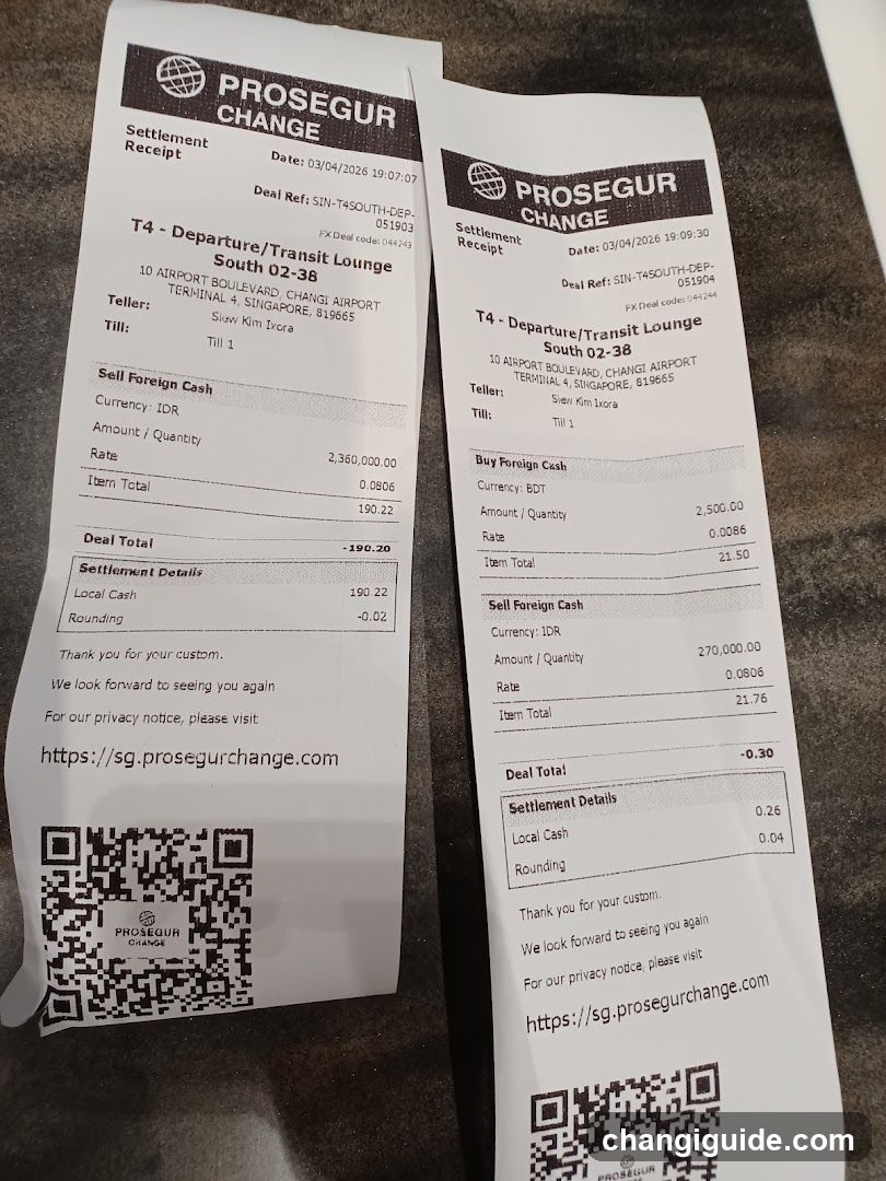 Two printed receipts from Prosecur Change showing foreign currency transactions at Changi Airport Terminal 4, South 02-38. Left receipt details IDR to BDT conversion with amounts and rates; right shows reverse transaction. Both include QR codes, settlement details, and privacy notice URL.