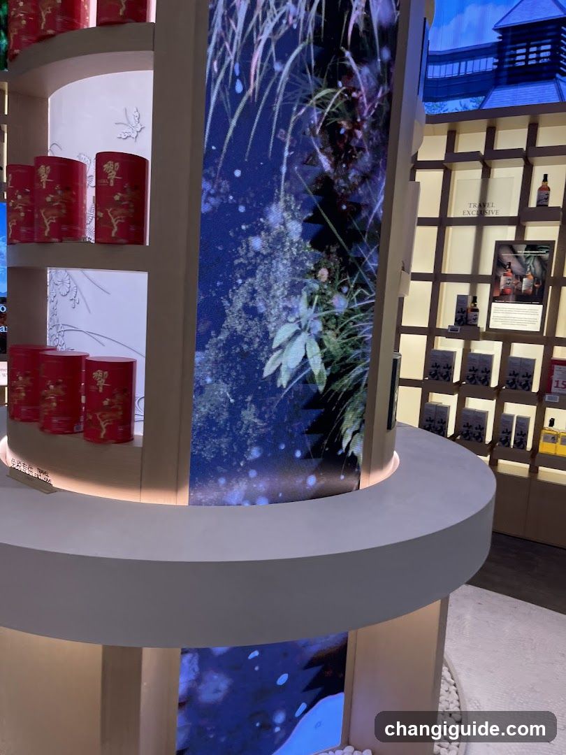Interior view of a retail space featuring curved shelving units displaying red cylindrical product containers with gold lettering. A vertical illuminated panel displays botanical imagery. Background shelves hold boxed merchandise and promotional materials under warm lighting.