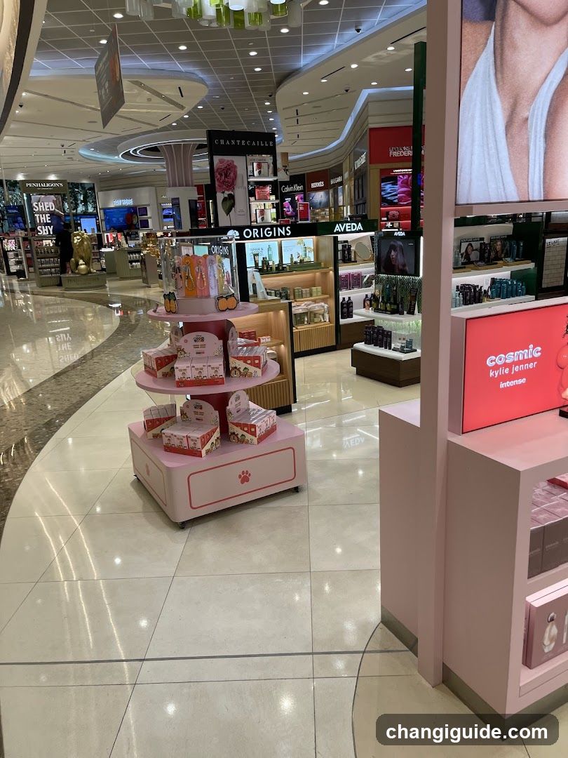 Interior view of a cosmetics store featuring pink tiered displays with branded products, including 'Cosmic Kylie Jenner Intense' and 'Origins'. Shelves in the background show brands like Aveda and Chantecaille. The floor is tiled, and overhead lighting illuminates the space.