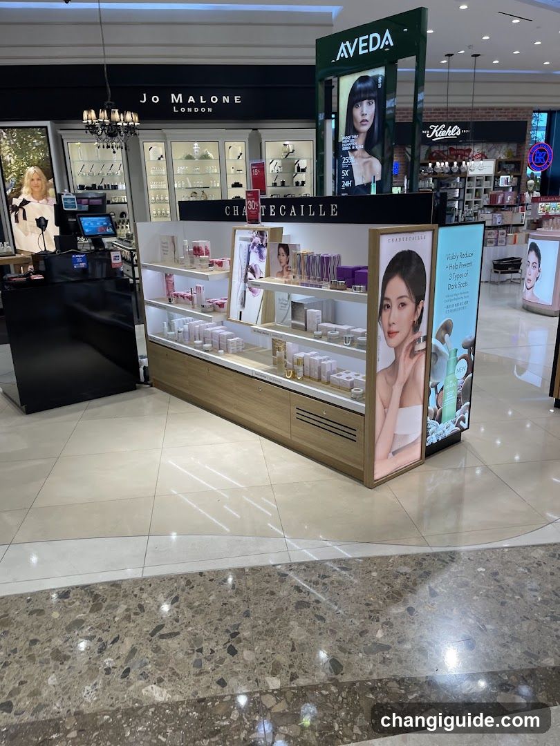 Interior view of a beauty store featuring branded product displays including Jo Malone London, Aveda, and Chantecaille. Shelves showcase skincare and fragrance products with illuminated signage. Background includes additional retail sections like Kate and Kiehl’s.