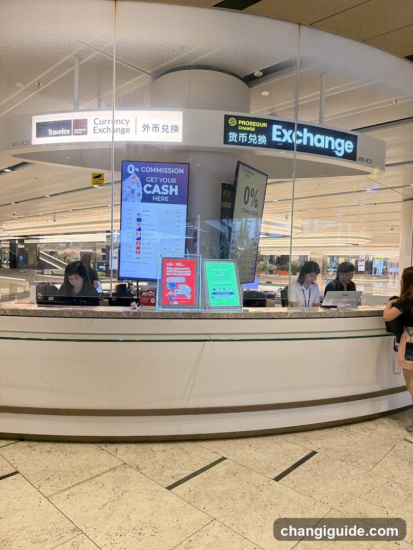A currency exchange counter with signage displaying 'Travellex Currency Exchange' and 'PROSEGUAR CHANGE'. Staff members are seated behind the desk, and promotional posters advertise a 0% commission fee. The setting appears to be an airport or transit terminal.