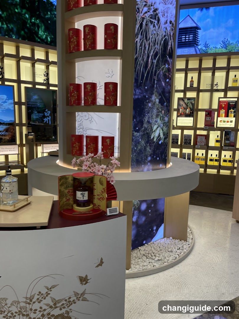 Interior shot of a Baijiu (Chinese liquor) display featuring red cylindrical bottles on curved shelves, a jar with cherry blossoms, and background screens showing traditional architecture.