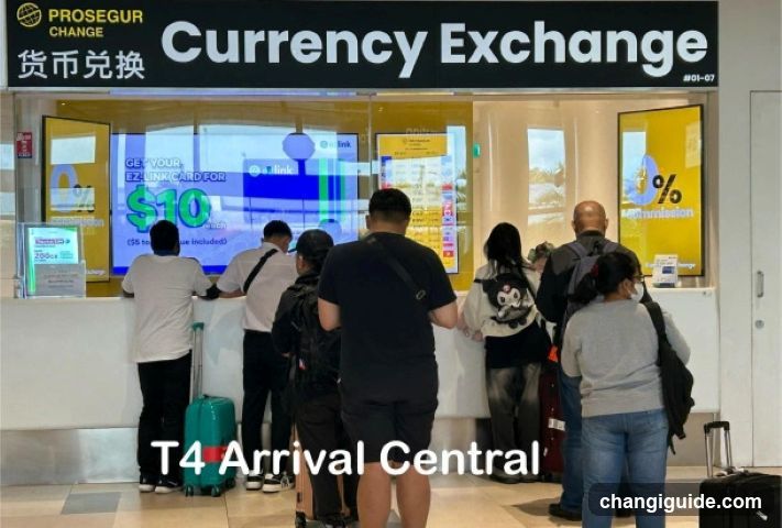 A busy currency exchange counter with multiple customers standing in line, interacting with staff behind the glass. The signage above reads 'PROSEGUR CHANGE' and 'Currency Exchange'. A promotional screen displays a $10 bonus offer.