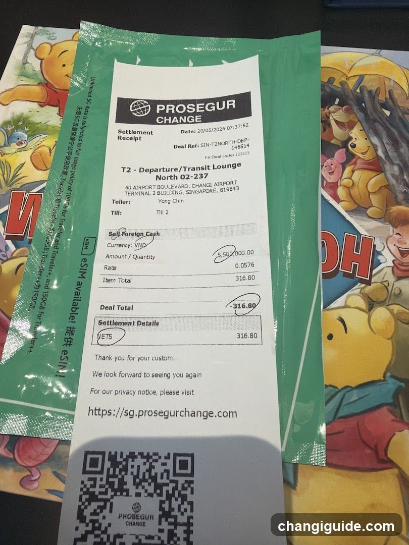 A receipt from Proseguir Change showing a transaction at Changi Airport Terminal 2, North 02-237. The receipt details a foreign currency exchange involving SGD to JPY, with an amount of 5.560,000.00 and a rate of 0.0576. The total deal value is 316.80 JETs. The background includes Winnie the Pooh merchandise.