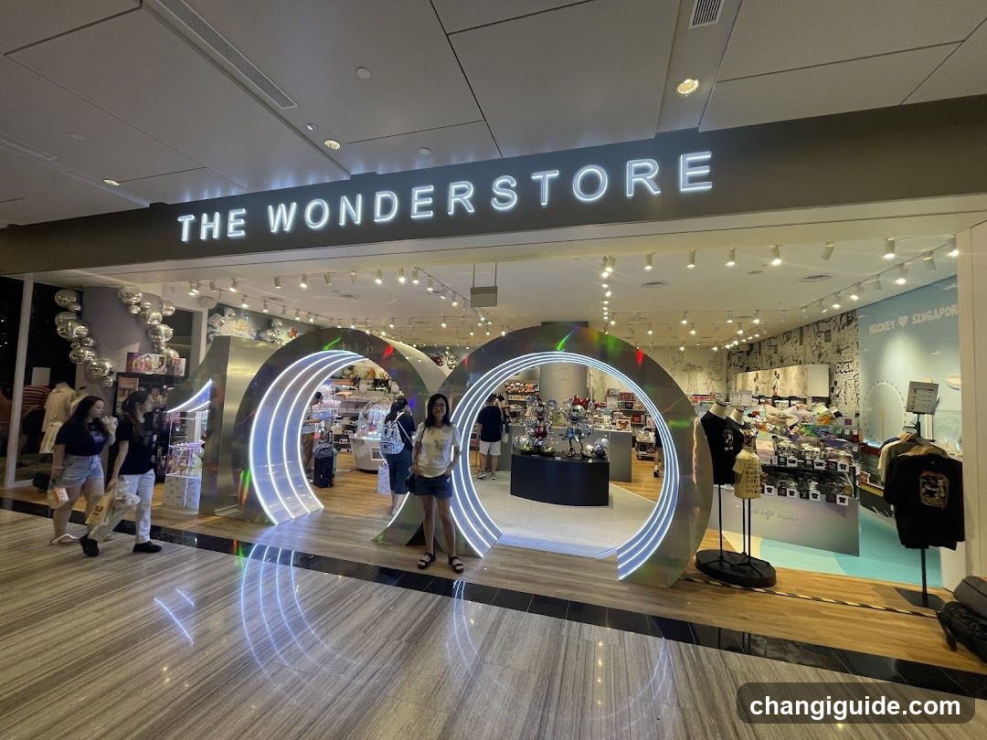 A brightly lit storefront with illuminated signage reading 'THE WONDERSTORE'. Two large, metallic arches frame the entrance, glowing with neon rings. Inside, shelves display merchandise including clothing and accessories. A few people are visible near the entrance.