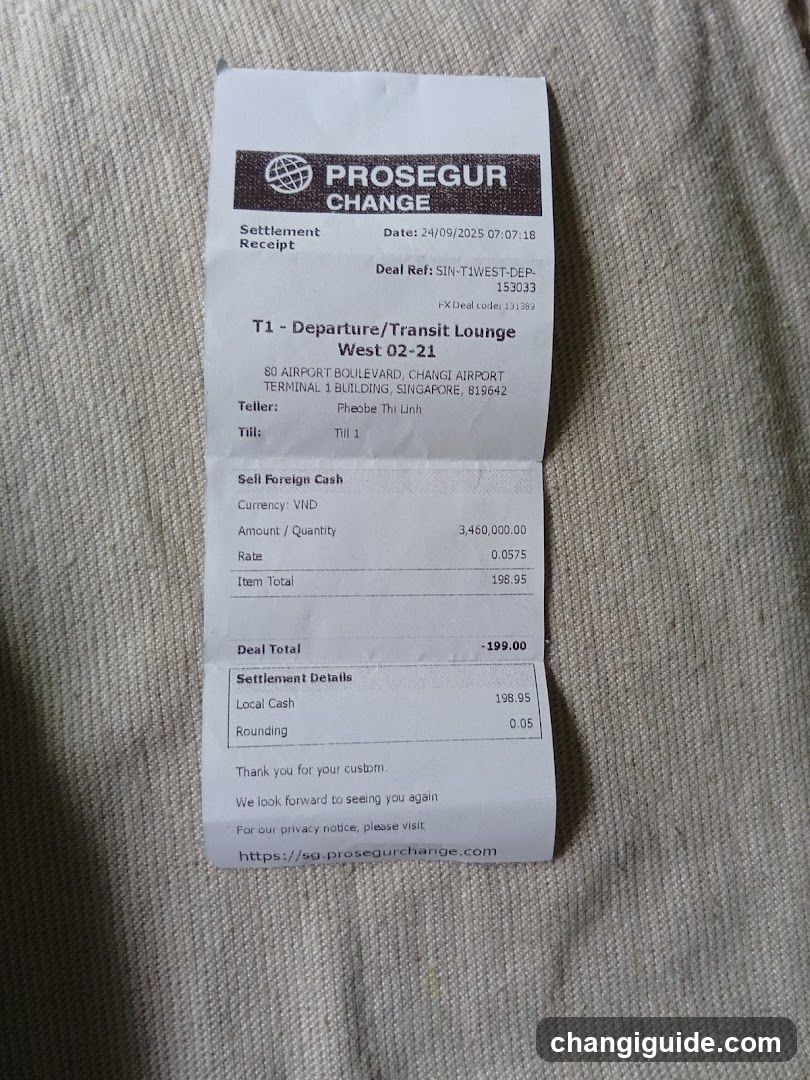 A receipt from Prosecur Change showing a foreign currency transaction at Changi Airport Terminal 1, West 02-21 lounge. The customer exchanged 3,460,000 VND into SGD, receiving 198.95 SGD with rounding of 0.05. Teller name is Phoebe Thi Linh.
