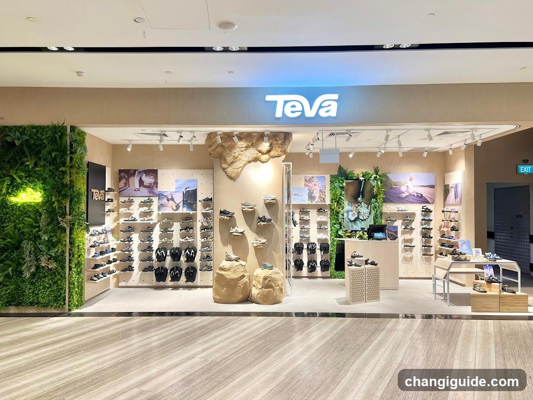 Interior view of a Teva shoe store with visible signage above the entrance. The shop features wooden flooring, green wall panels, and multiple shelves displaying footwear. A large rock sculpture is placed near the center. No menu or price list is visible.