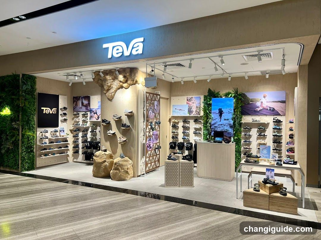The image shows the exterior of a Teva shoe store, featuring illuminated signage above the entrance. The storefront displays various shoes on wall-mounted racks and shelves, with natural rock decorations enhancing the outdoor adventure theme. A green vertical garden adds to the aesthetic.