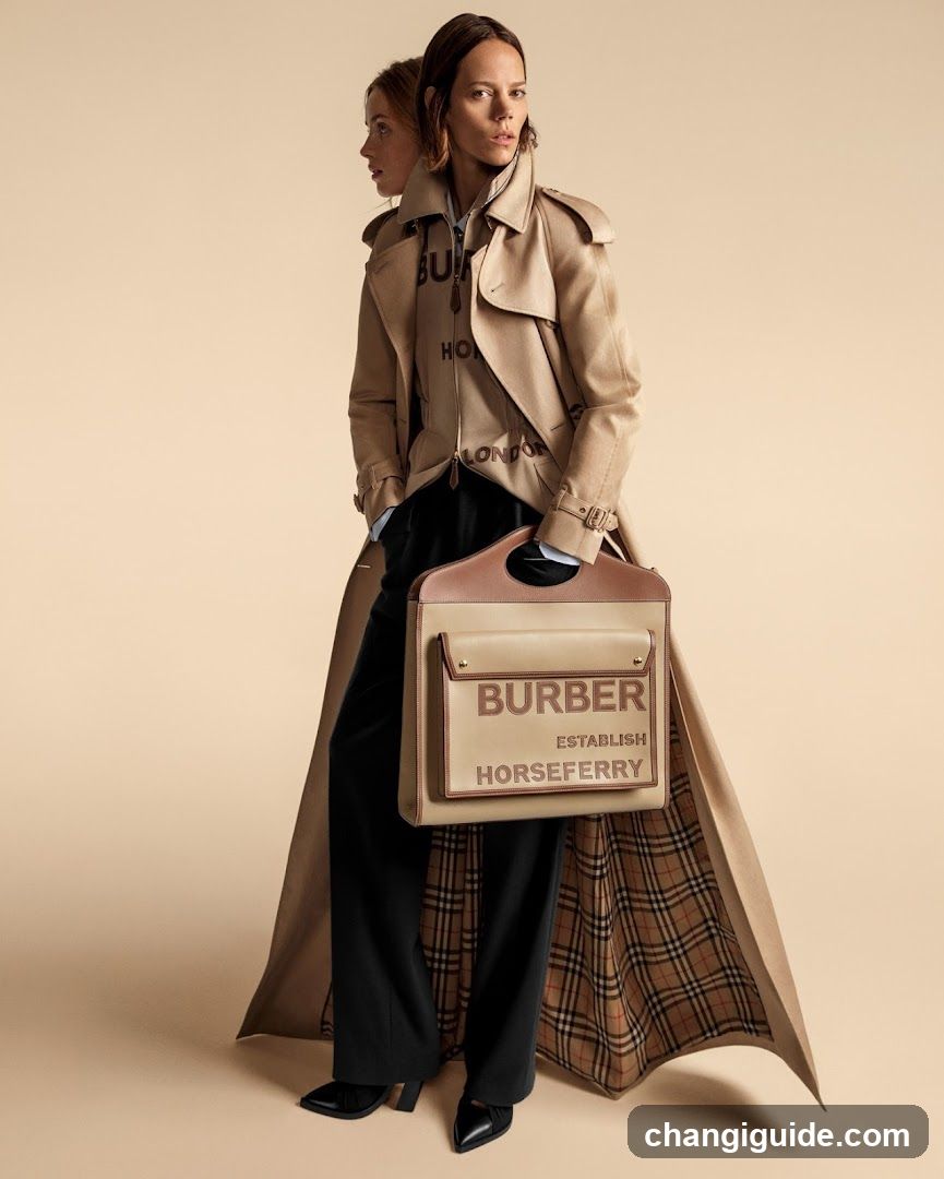 Models wearing Burberry trench coats and holding a Burberry bag