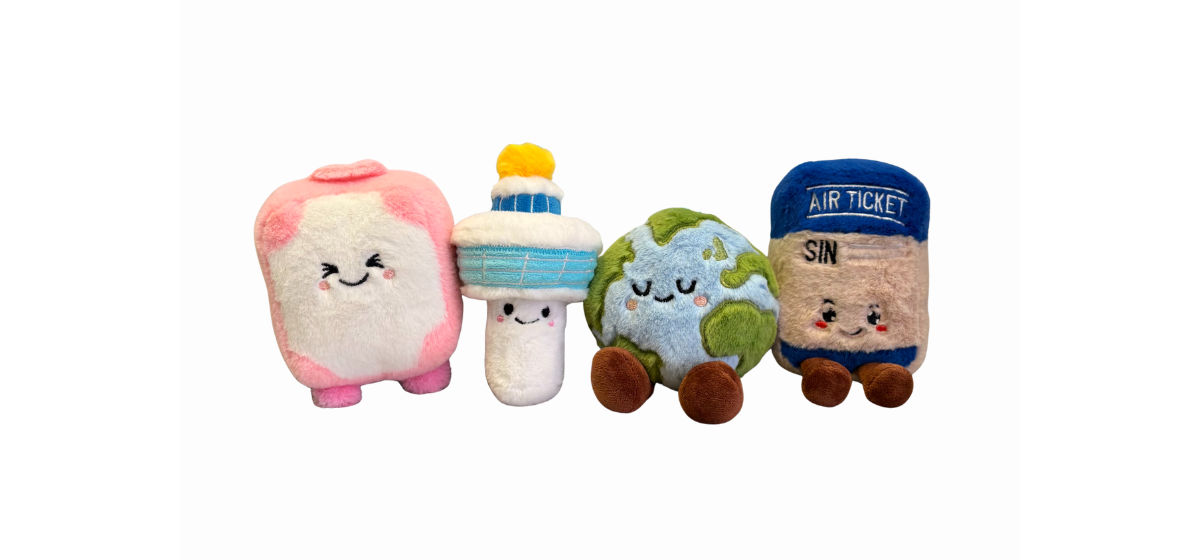 Changi-exclusive blind bag plushie bag charms shaped like luggage, control tower, globe and air ticket
