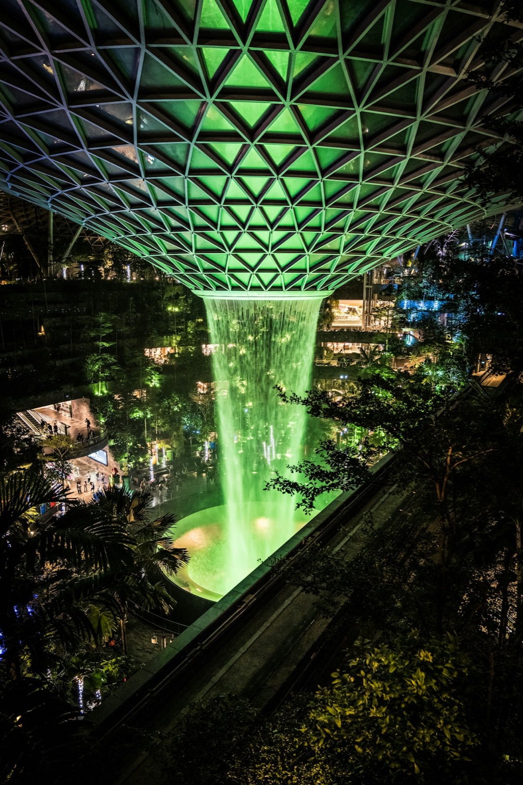 Jewel Rain Vortex at night seen from the indoor gardens