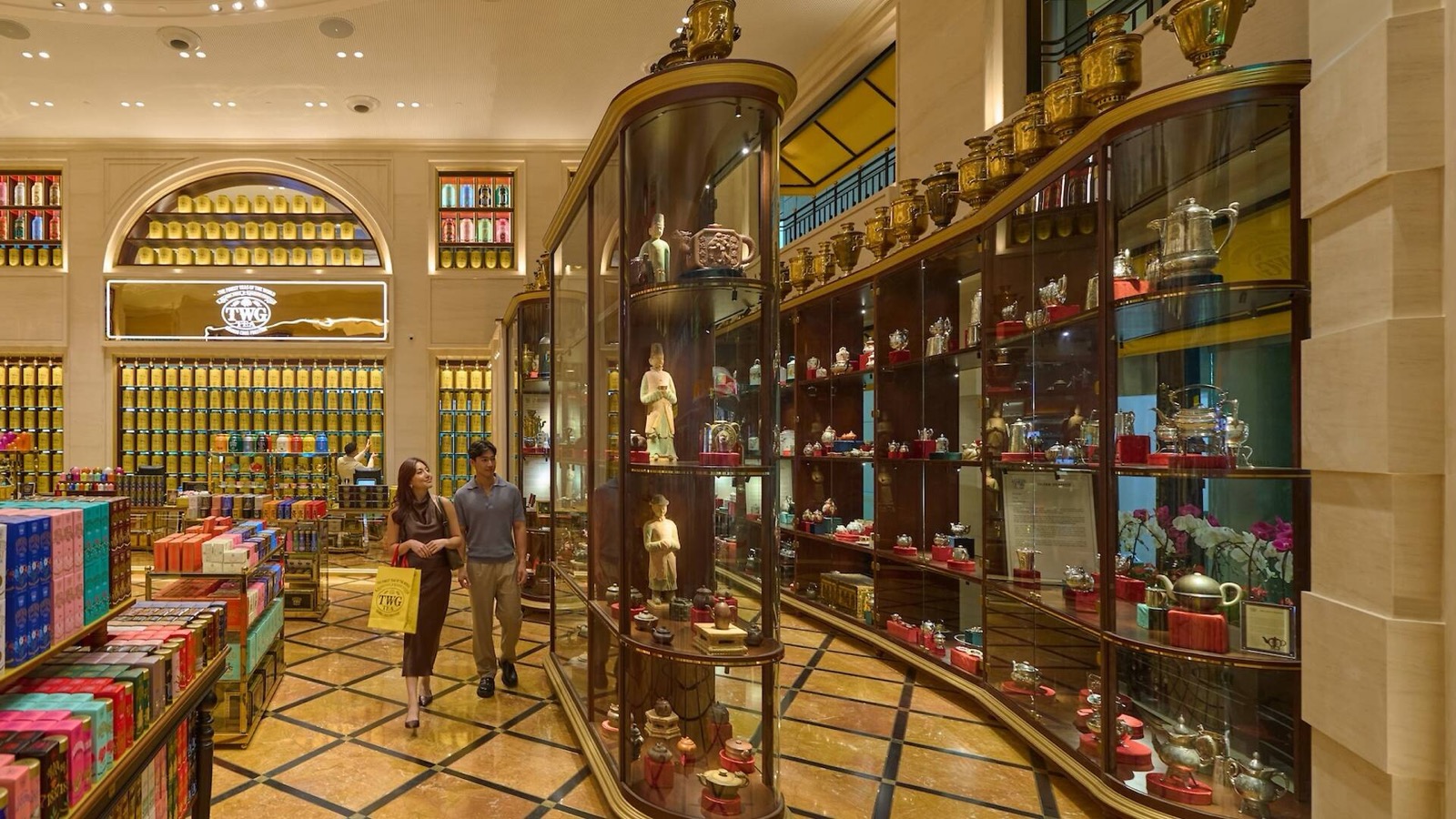 Hand-painted world tea map on the 23-foot ceiling of TWG Tea Gallery Terminal 3